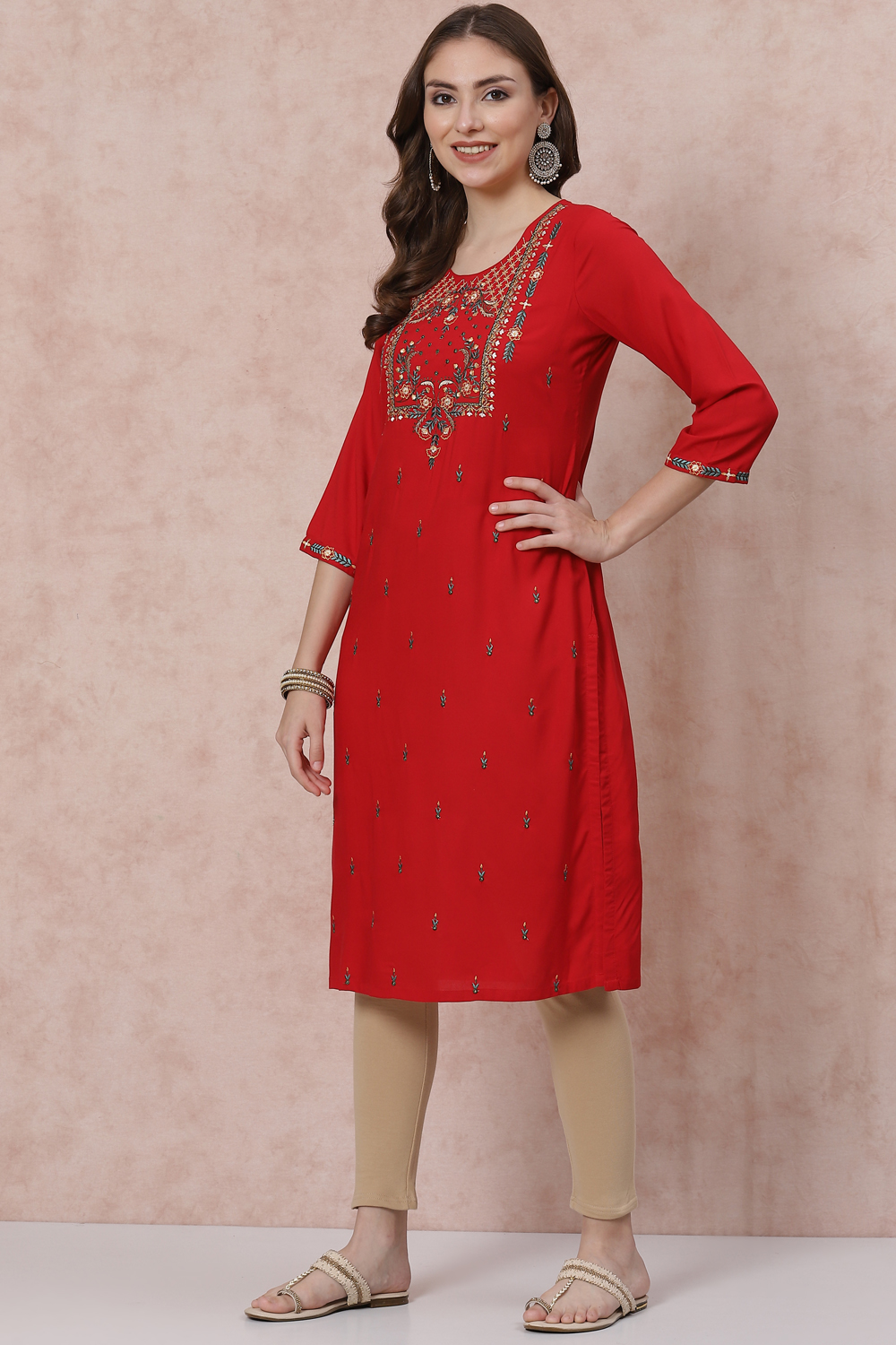 Red LIVA Straight Kurta image number 0